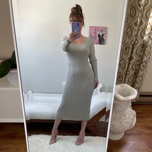 NWT LONG SLEEVE SAGE GREEN RIBBED KNIT MIDI DRESS ROUND NECK STRETCH